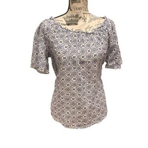 Velvet Blue White Geometric Ruffle Neck Top Blouse Women’s Small